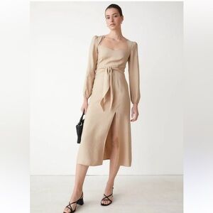 & Other Stories Tencel Tie Waist Midi Dress Beige M Minimalist Old Money Chic